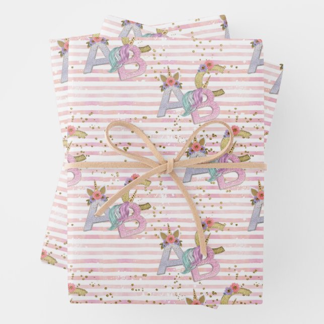 Unicorn Alphabet Pattern Wrapping Paper Sheet (In situ)