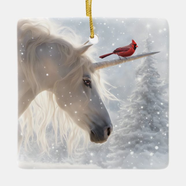 Unicorn and Cardinal Fantasy Beautiful Christmas Ceramic Ornament (Front)