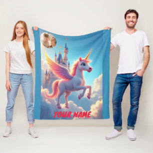 unicorn and castle in pink personalized and photo fleece blanket