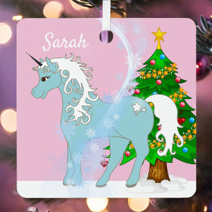 Unicorn and Christmas Tree Add Name Metal Ornament