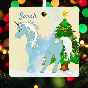 Unicorn and Christmas Tree Add Name Metal Ornament
