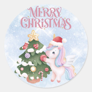 Unicorn And Christmas Tree On Sparkle Blue Sky Classic Round Sticker