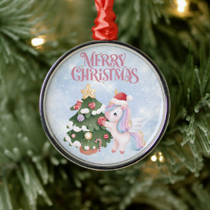 Unicorn And Christmas Tree On Sparkle Blue Sky Metal Ornament