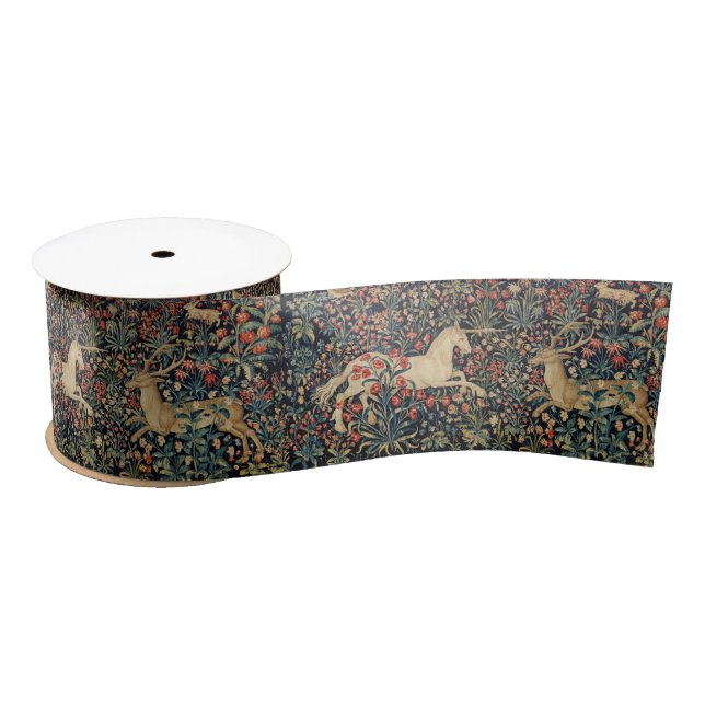 UNICORN AND DEER,FLOWERS, FOREST ANIMALS Floral Satin Ribbon (Spool)