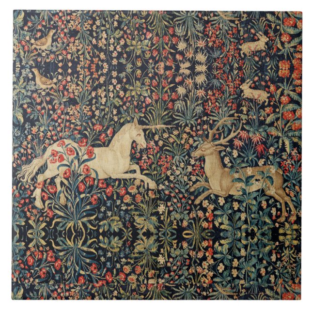 UNICORN AND DEER,FLOWERS,FOREST ANIMALS Floral Tile (Front)