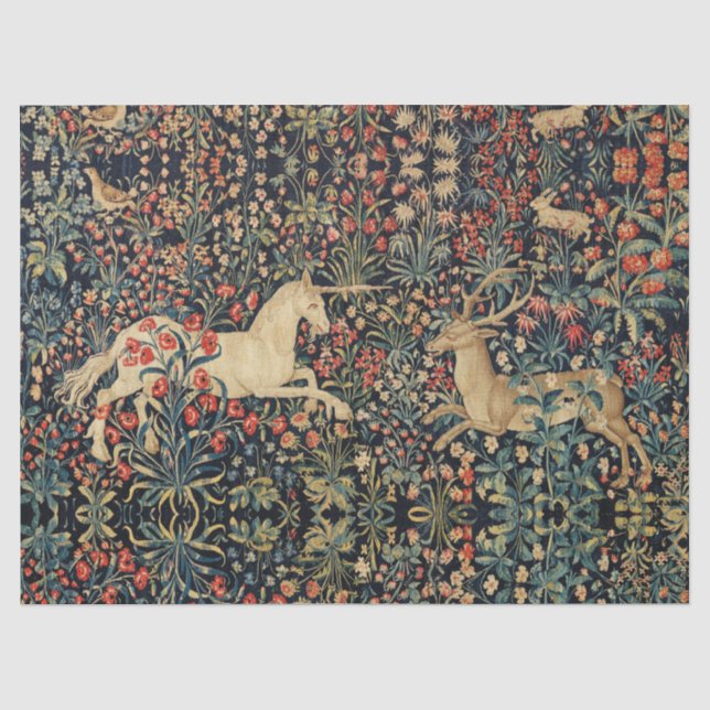 UNICORN AND DEER,FLOWERS, FOREST ANIMALS Floral Tissue Paper (Front)