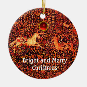 UNICORN AND DEER,FLOWERS,FOREST ANIMALS Red Floral Ceramic Ornament