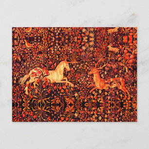 UNICORN AND DEER,FLOWERS,FOREST ANIMALS Red Floral Holiday Postcard