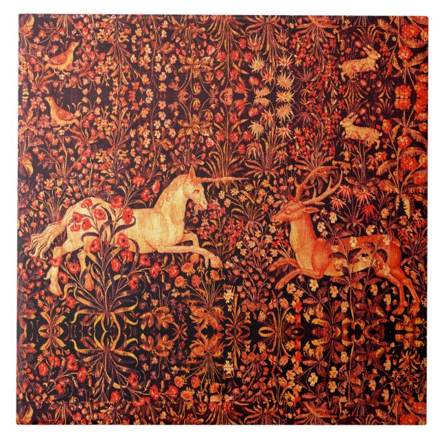 UNICORN AND DEER,FLOWERS,FOREST ANIMALS Red Floral Tile (Front)