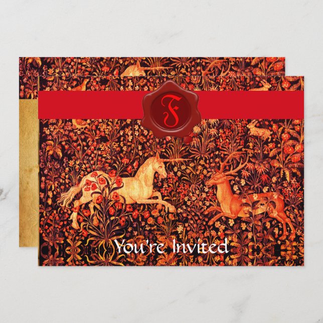 UNICORN AND DEER MONOGRAM RED WAX SEAL PARCHMENT INVITATION (Front/Back)