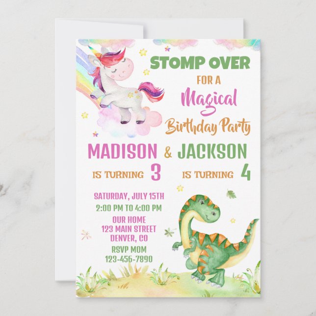Unicorn and Dinosaur birthday invitation for two (Front)