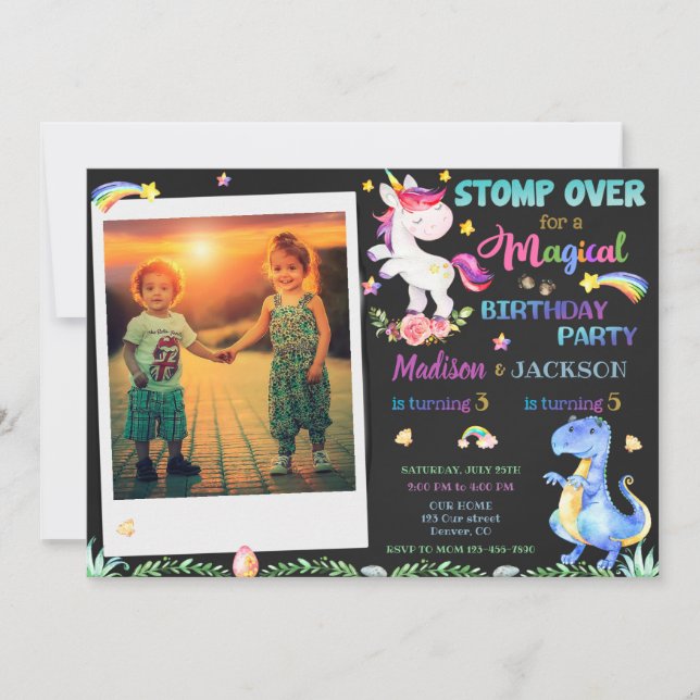 Unicorn and Dinosaur birthday invitation siblings (Front)