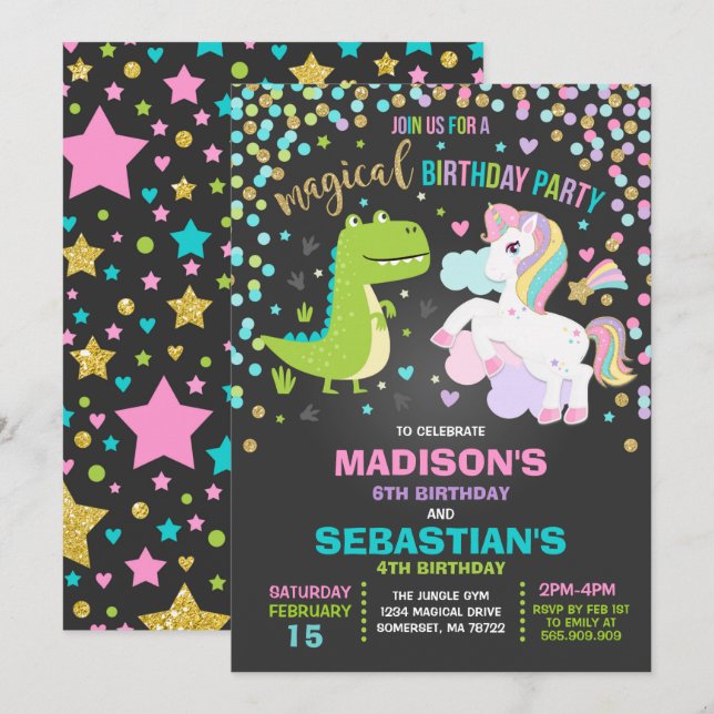 Unicorn And Dinosaur Birthday Invitation Siblings (Front/Back)