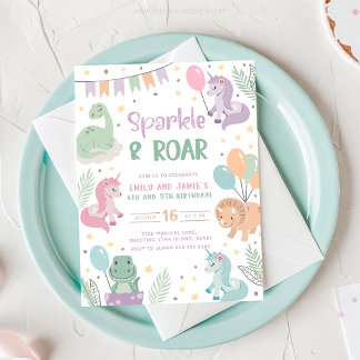 Unicorn and Dinosaur Invitations. Editable Digital Invitation