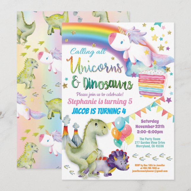 Unicorn and dinosaur joint birthday boy and girl invitation (Front/Back)