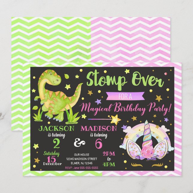 Unicorn and Dinosaur Joint Birthday Invitation (Front/Back)