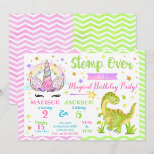 Unicorn and Dinosaur Joint Birthday Invitation