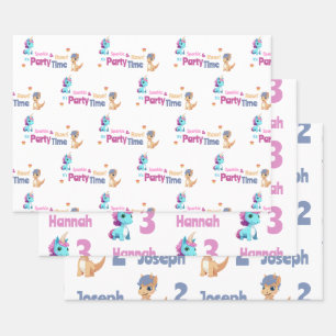Unicorn and Dinosaur Joint Kids Party Custom  Wrapping Paper Sheet