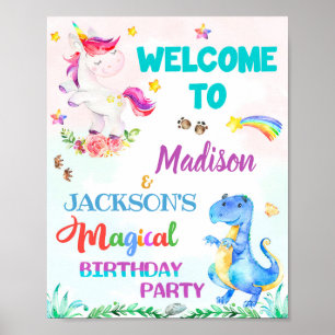 Unicorn and Dinosaur welcome party sign Magic sign