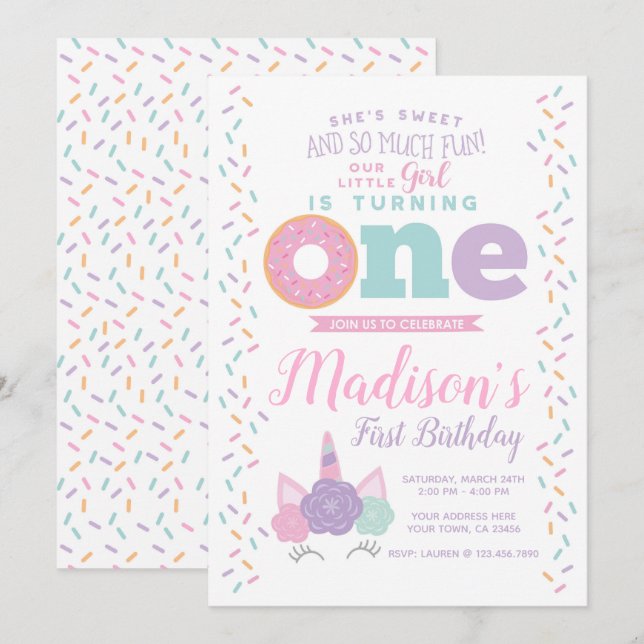 Unicorn and Doughnut 1st Birthday Invitation (Front/Back)