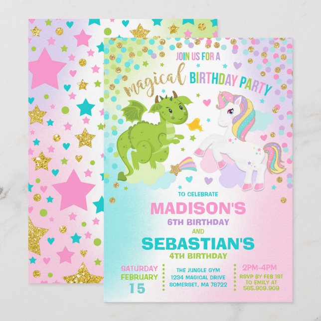 Unicorn And Dragon Birthday Invitation Siblings (Front/Back)