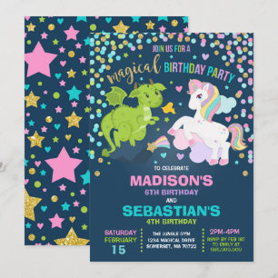 Unicorn And Dragon Birthday Invitation Siblings