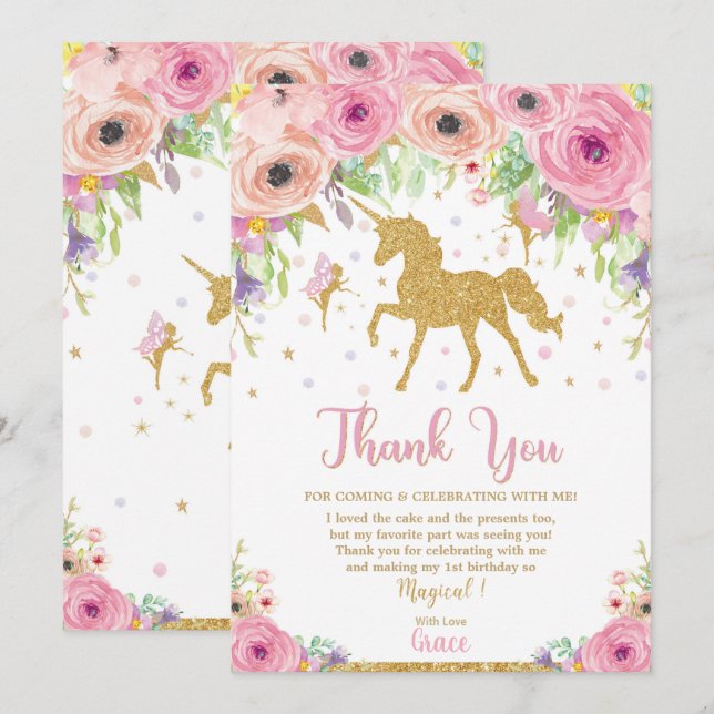 Unicorn and Fairy Birthday Thank You Note Card (Front/Back)