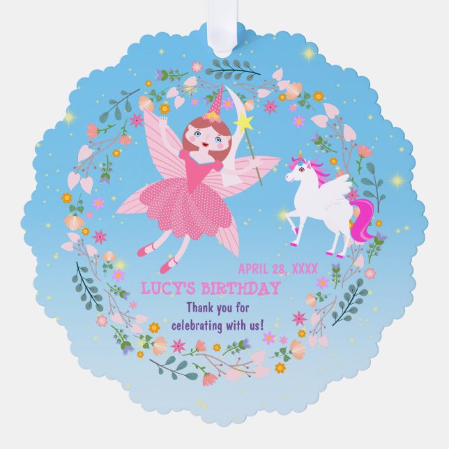 Unicorn and Fairy Magic Birthday Party Ornament Card (Front)
