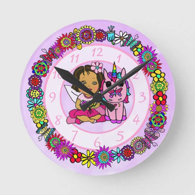 Unicorn and Fairy Whimsical Folk Art Girl's Round Clock (Front)