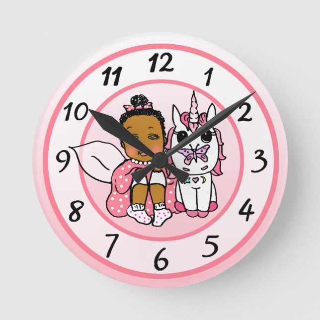 Unicorn and Fairy Whimsical Folk Art Girl's Round Clock (Front)