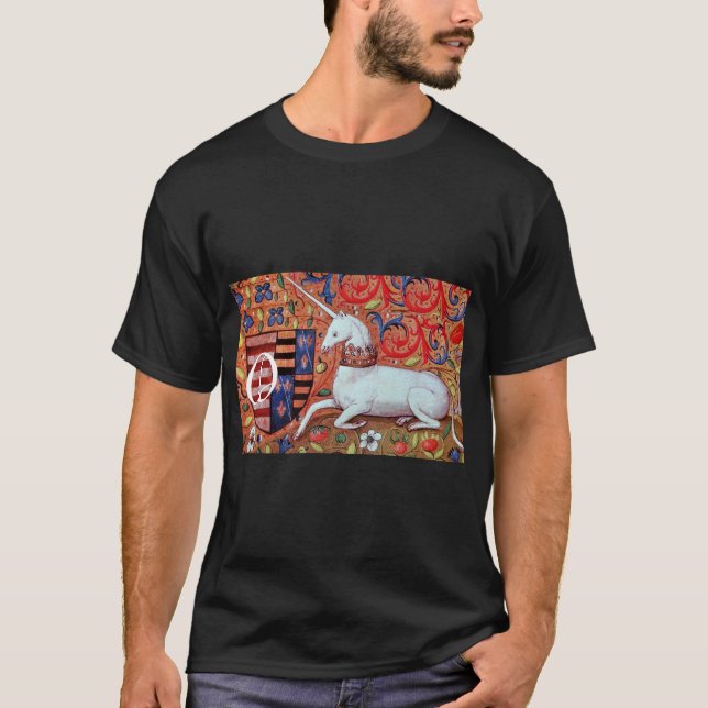 UNICORN AND FANTASY FLOWERS,FLORAL MOTIFS MONOGRAM T-Shirt (Front)