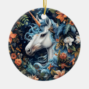 Unicorn and flowers fantasy design ceramic ornament