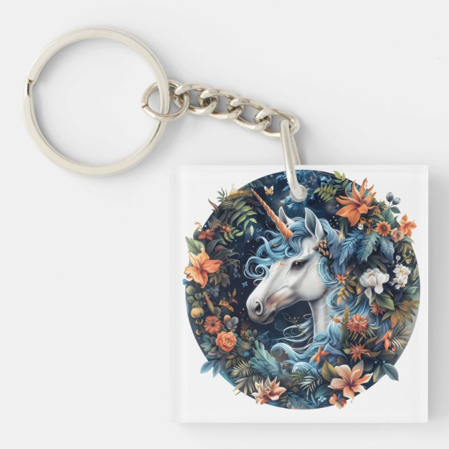 Unicorn and flowers fantasy design keychain (Front)