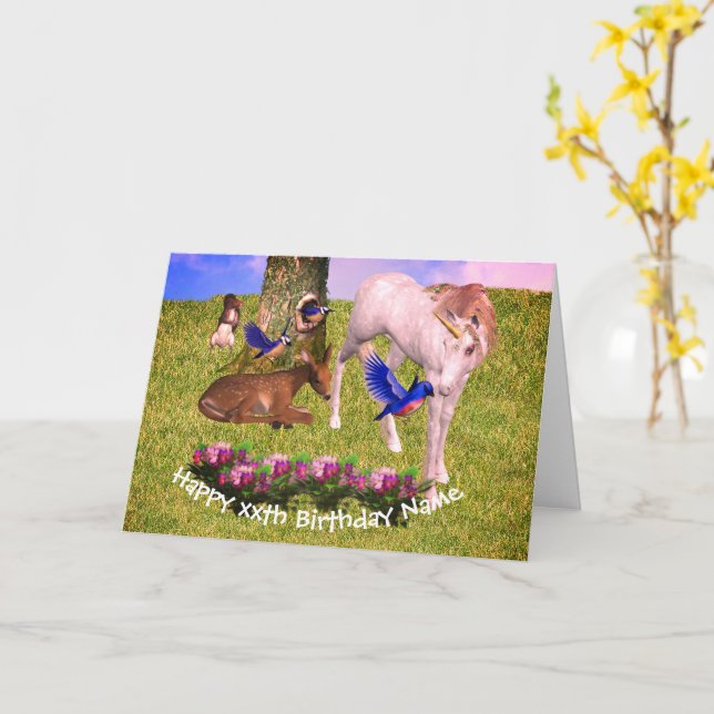 Unicorn And Friends Personalized Birthday Card (Yellow Flower)