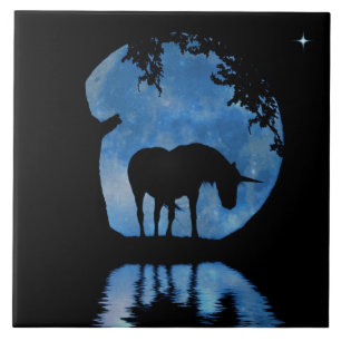 Unicorn and Full Blue Moon Fantasy Tile