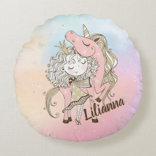 Unicorn and Girl Round Pillow