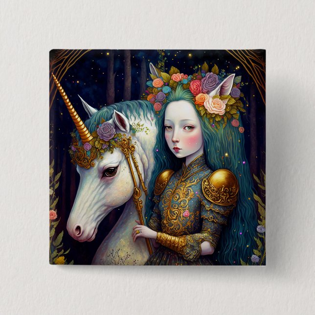 Unicorn and Lady Fantasy Art 2 Inch Square Button (Front)