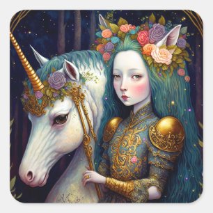Unicorn and Lady Fantasy Art Square Sticker