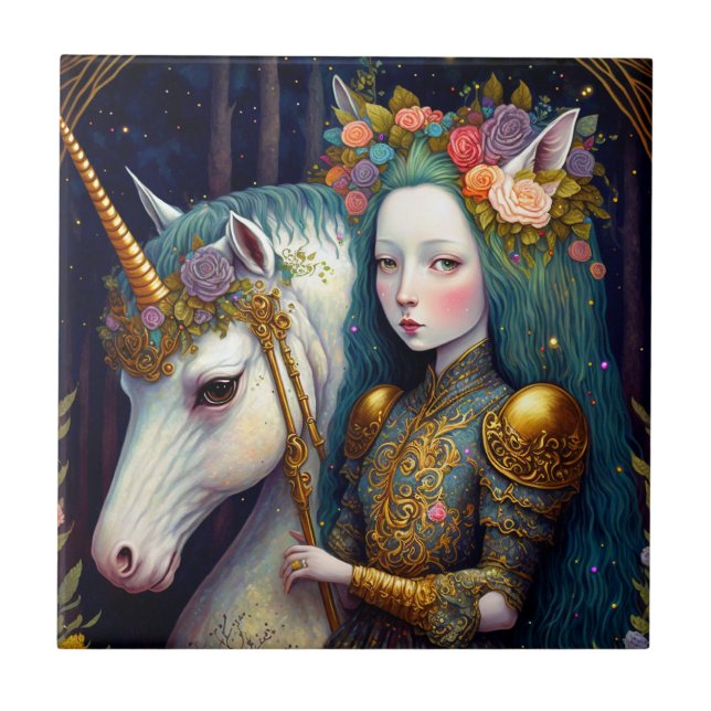 Unicorn and Lady Fantasy Art Tile (Front)