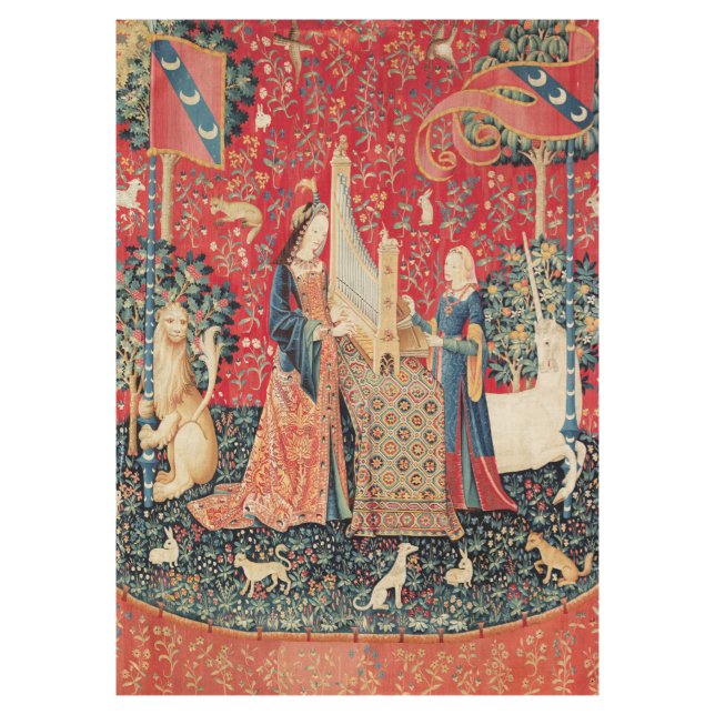 UNICORN AND LADY PLAYING ORGAN,ANIMALS Red Green Tablecloth (Front)