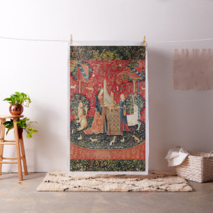 UNICORN AND LADY PLAYING ORGAN Red Green Floral Fabric