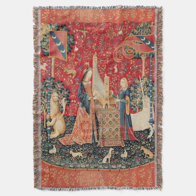 UNICORN AND LADY PLAYING ORGAN WITH ANIMALS THROW BLANKET (Front Vertical)