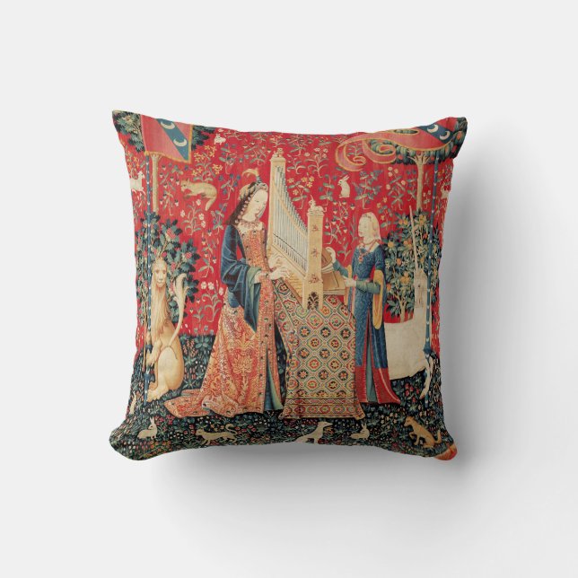 UNICORN AND LADY PLAYING ORGAN WITH ANIMALS THROW PILLOW (Front)