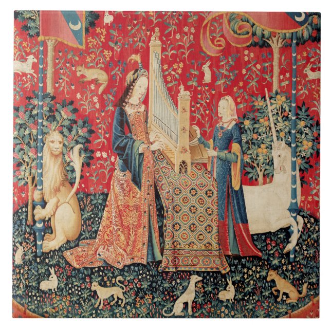 UNICORN AND LADY PLAYING ORGAN WITH ANIMALS TILE (Front)