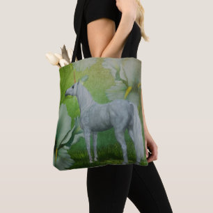 Unicorn And Lily Flowers Fantasy Horse Art Tote Bag