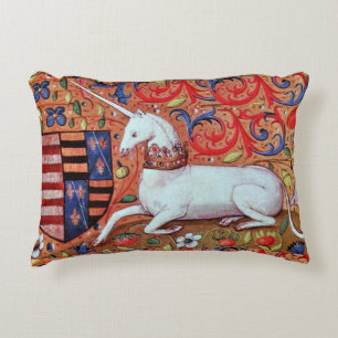 UNICORN AND MEDIEVAL FANTASY FLOWERS,FLORAL MOTIFS ACCENT PILLOW