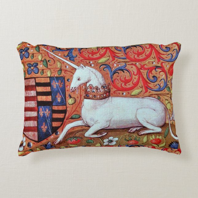 UNICORN AND MEDIEVAL FANTASY FLOWERS,FLORAL MOTIFS ACCENT PILLOW (Front)