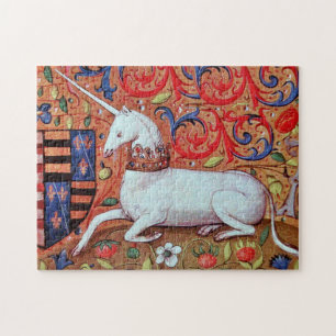 UNICORN AND MEDIEVAL FANTASY FLOWERS,FLORAL MOTIFS JIGSAW PUZZLE