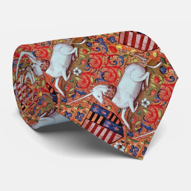 UNICORN AND MEDIEVAL FANTASY FLOWERS,FLORAL MOTIFS TIE (Rolled)