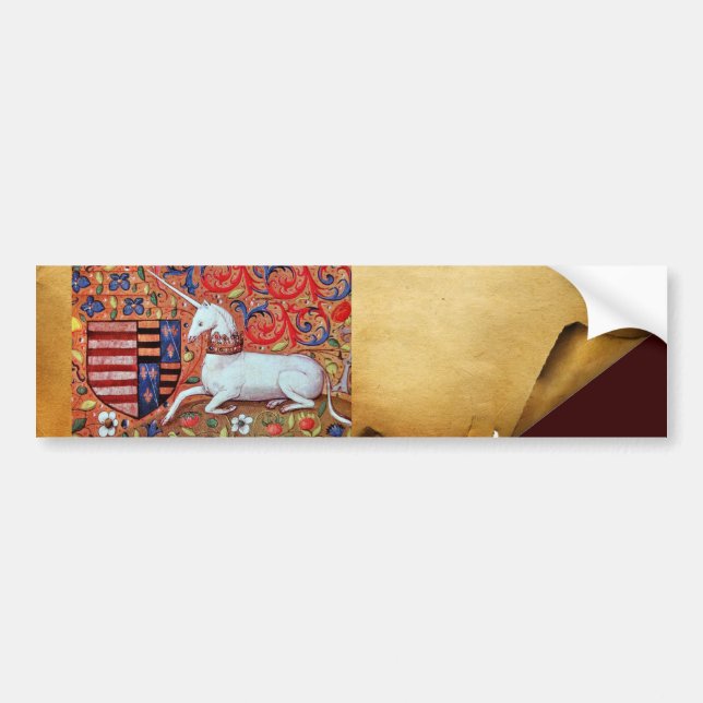 UNICORN AND MEDIEVAL FLOWERS,FANTASY FLORAL MOTIFS BUMPER STICKER (Front)